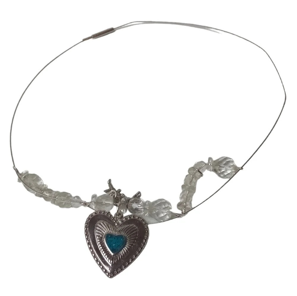 Silver Tone Inlaid Turquoise Heart Clear Crystal Necklace